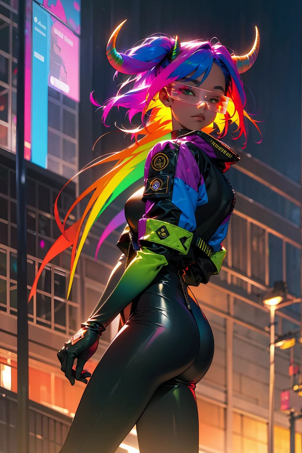 Rainbow Messy Hair ,Multicolored Hair, Golden Eyes, Bull Horns , Undercut Hair , Tan Skin , Combat Gloves , Dark Green Slacks , Modern City Background , Standing on sidewalk , Hair over eyes , Holographic Glasses , Black Bodysuit , Baggy Blue Pants , Baggy Jacket 