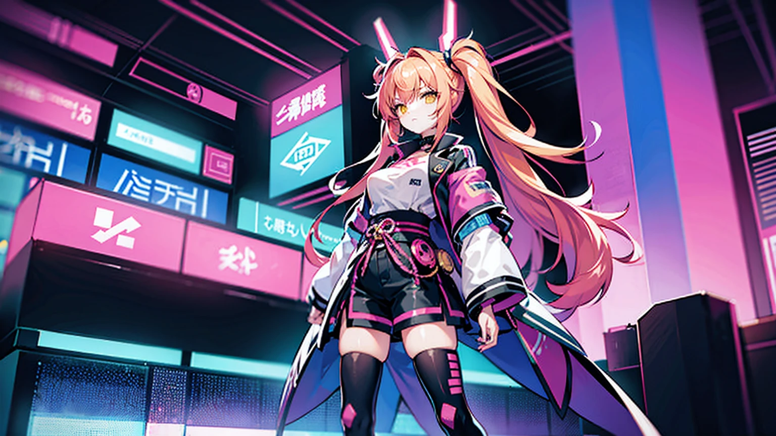 The image depicts an anime-style character, a dynamic female character striking a lively pose with vibrant pink hair accented with yellow highlights. She wears a large ribbon and a headset, sporting a dark-toned top and shorts in a contemporary style. The character harmonizes with the neon sign in the background, illuminated by the neon lights.
The background features multiple neon signs with Japanese characters, illustrating a bright city night scene. The screen displays the word "SPASMODIC," which means "convulsive" in Japanese, adding to the active and energetic atmosphere portrayed through the signs and visual effects. Overall, the image exudes a cyberpunk or futuristic vibe with vivid colors and a dynamic feel.