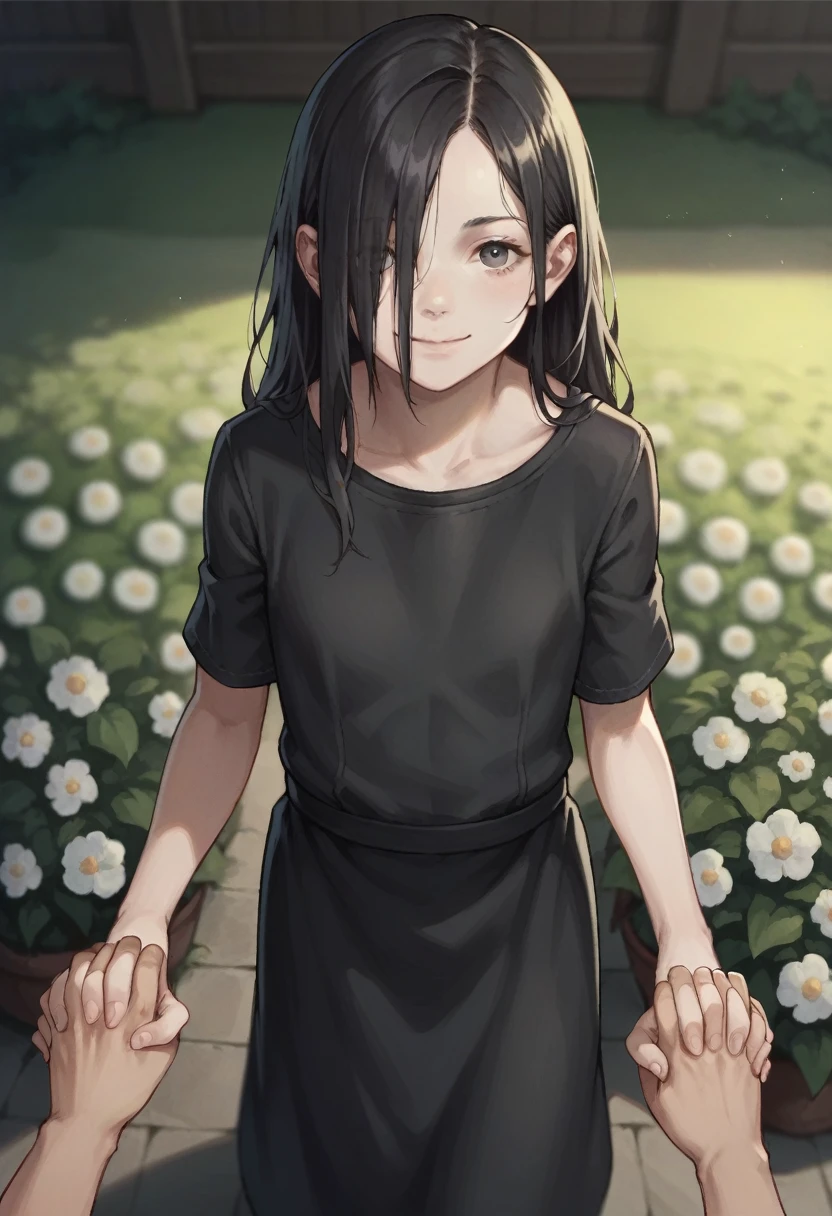 score_9, score_8_up, score_8, source_anime, 1girl, solo, flat chest, white skin, pale skin, long hair, black hair, hair over one eye, black dress, standing, view from above, holding hands with viewer, smile, looking at viewer
garden background, flowers, blurry background,