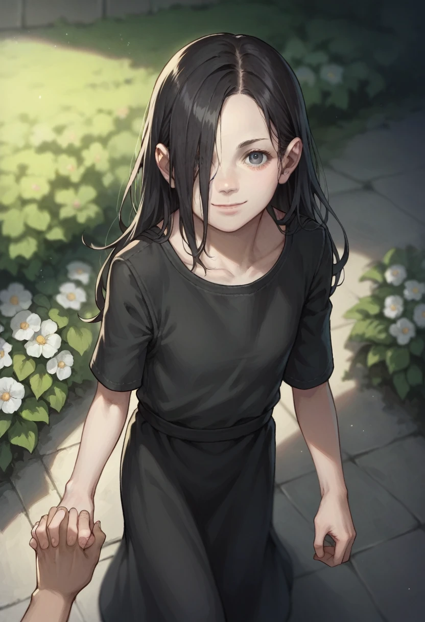 score_9, score_8_up, score_8, source_anime, 1girl, solo, flat chest, white skin, pale skin, long hair, black hair, hair over one eye, black dress, standing, view from above, holding hands with viewer, smile, looking at viewer
garden background, flowers, blurry background,