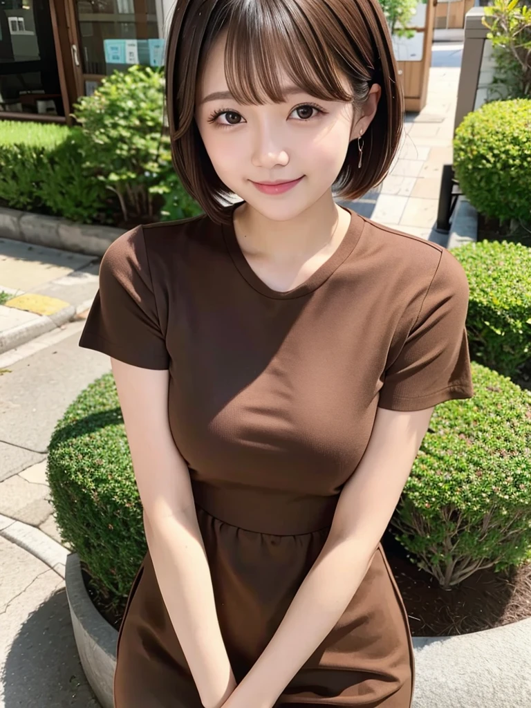 young,short hair,droopy eyes,brown hair,short bangs,alone,high quality,beautiful skin,japanese,brown short sleeve dress,park,smile