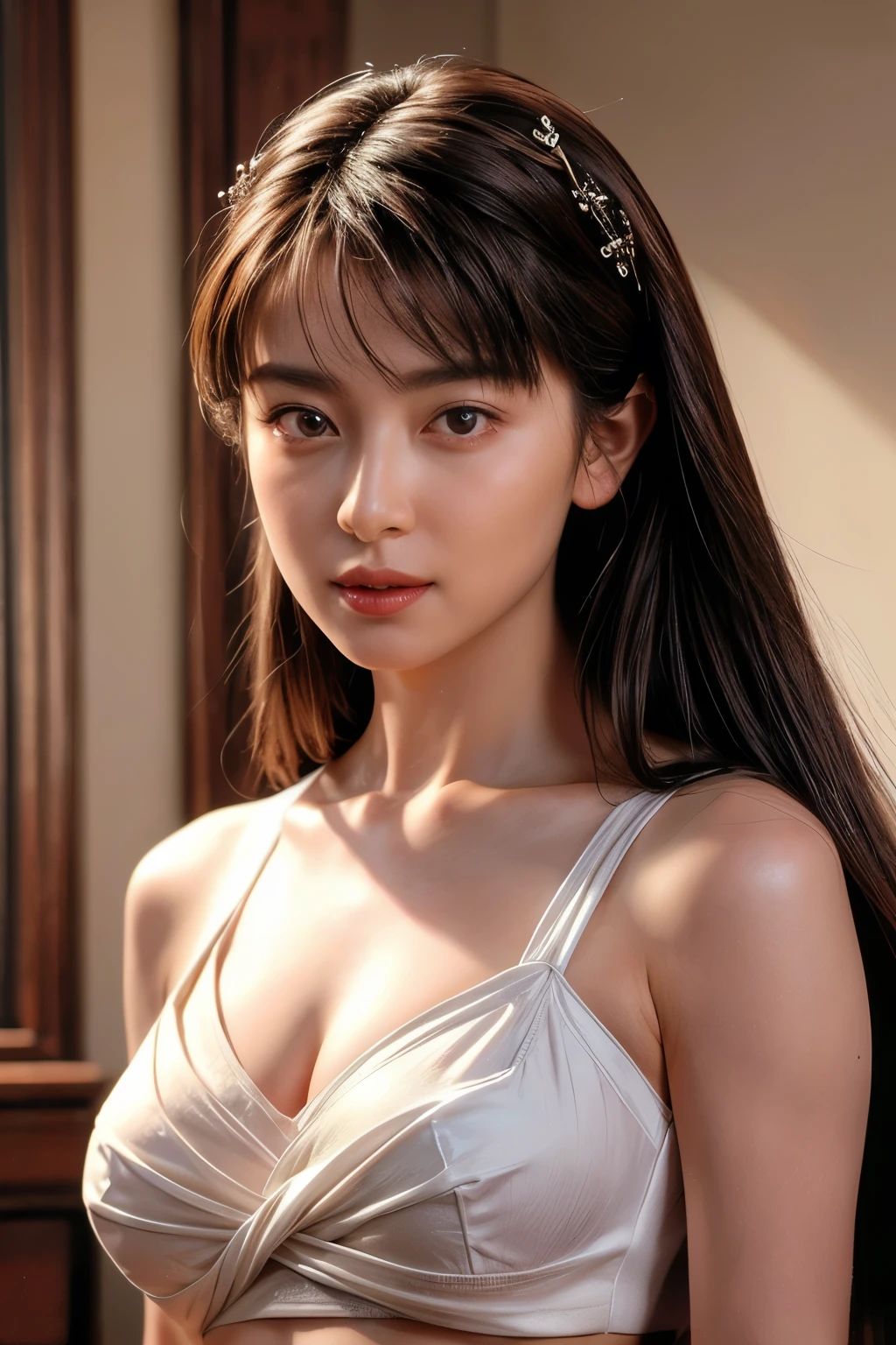 (realistic, photo-realistic:1.4),(masterpiece, best quality:1.2), RAW photo, high resolution, intricate details, extremely detailed, realistic and sharp details, cinematic lighting, portrait, (bust shot, midriff:1.5), frontal photography, solo, 1girl, a Japanese woman, dark hair, glamorous body, detailed face, detailed eyes, sophisticated nose, pale skin, collarbone, (large breasts, cleavage), photo background, indoors,,,[Megumi Okina]