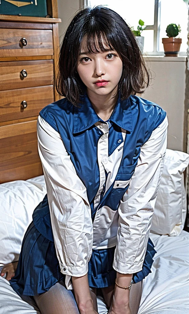 ulzzang-6500-v1.1, (RAW PHOTO:1.2), (photot-REALISTIC,:1.4), beautiful detailed girls, highly detailed eyes and faces, Beautiful Detailed Eyes, s ridiculous, unbelievably ridiculous, Huge File Size, Super Detailed, highres, very detail, sthe highest qualit, Master peace、, Kemomimi, ((Japanes girl' high school uniform)), An illustration, very detail, UHQ, unification, 8k wallpaper, splendid, Fine details, Master peace、, sthe highest qualit, very detailなUHQユニフォーム8k wallpaper, Light on the face、Movie lighting、16-year-old girl、((witheout panties))、((dynamic posing)))、(camel toes)、(Half)、(pantyhose、、、、)、(Sitting on legs bending the knees))、short haired、ple short hair、long neck、Put your ears out、bangs、bigger eyes、Lashes、a Pretty、Very cute