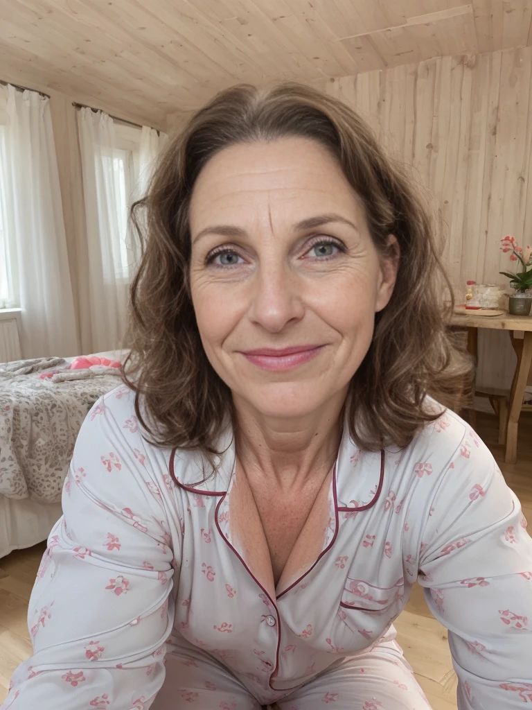 1 girl, solo, Liechtensteiner woman, Old woman, her name is Lissa, (((50 years old woman))), (mother), (((wrinkles))), ((brunette)), ((fair skin)), ((rectangular face)), ((Liechtensteiner nose)), ((big plump lips)), ((high cheeks)), ((medium hair)), ((wearing pajama)), ((background: indoor in Europe))