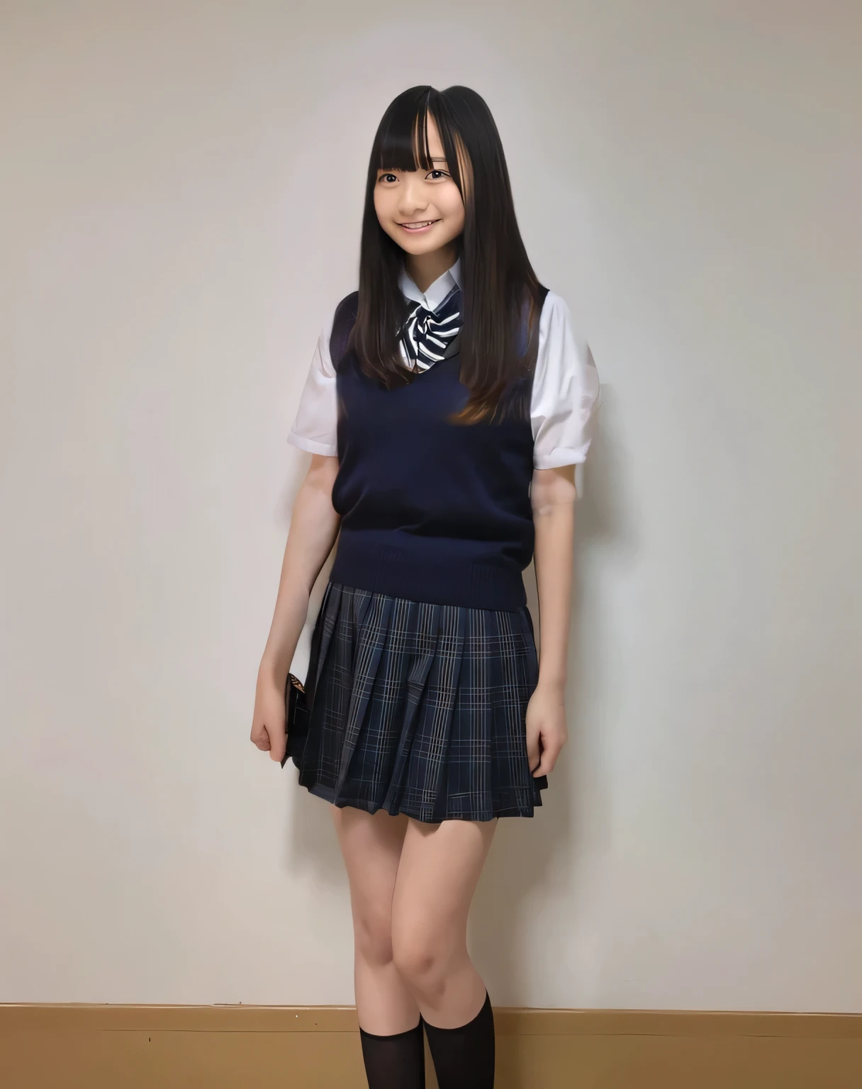 Highest quality,Super detailed,One high school girl,High school girl standing in a classroom,Turn slightly to the side and look at me,Wearing a short-sleeved blouse,Posing for a photo