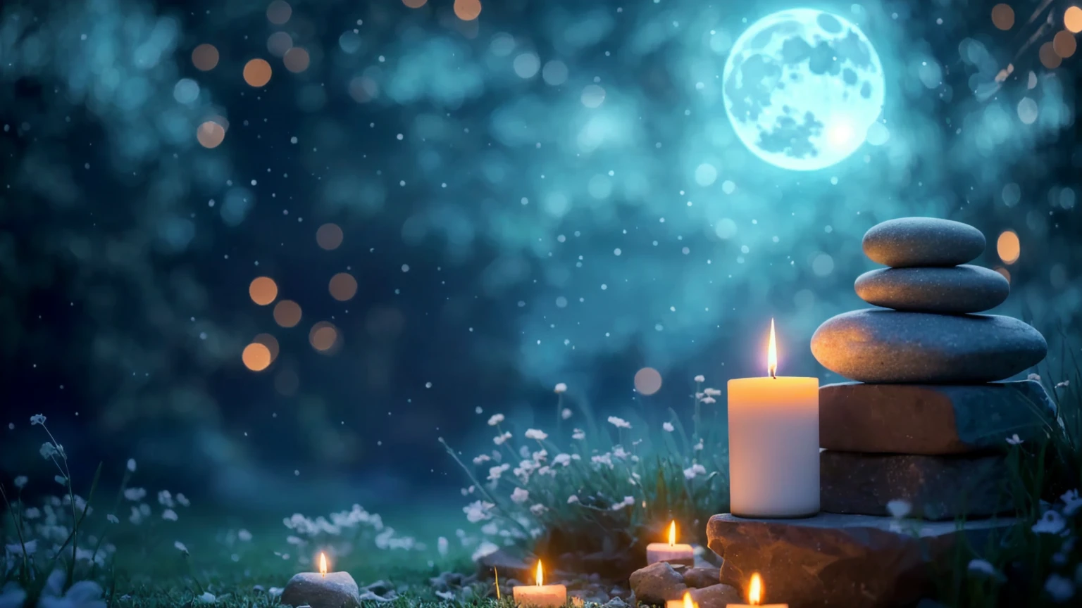 Full moon background、A candle and a stone are lit on the grass, night with Moon and candle, Moon and candle, Dreamy atmosphere of a moonlit night, Background artwork, Magic Background, Sweet Night Ambient, Candlelight, Peaceful atmosphere, Candlelit, Magic fairy background, Moonlit Starry Sky Environment, 心地よいCandlelight, Moonlight on top background
