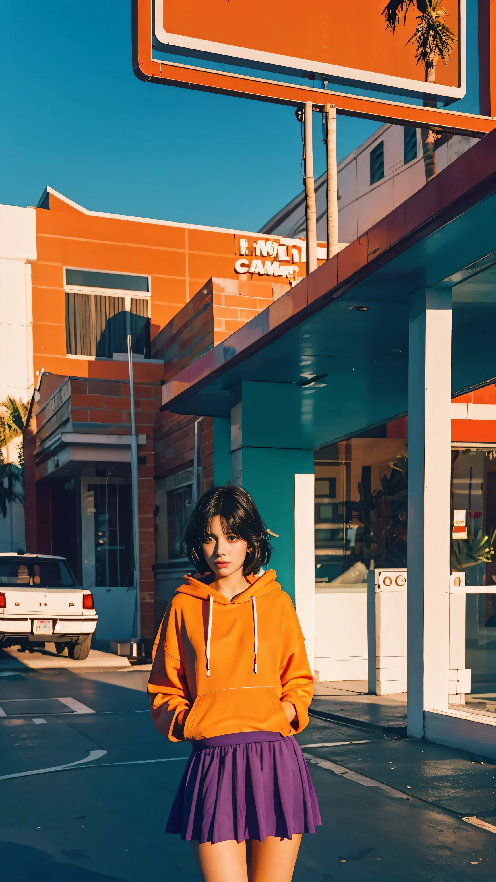 portrait of a 23 yo girl, plum body ,wear ((orange color oversized hoodie)), wear ((purple tennis skirt)),looking front,Best Quality,Masterpiece,Ultra High Resolution,(Realisticity:1.4),Original Photo, 1Girl, light leak,ultra high resolution,UHD,beautiful, (black bob hair), almond eye, no makeup, in front of (80's mondrian architecture motel), (realistic:1.2), (surreal:1.3), (very detailed:1.1), ((masterpiece)),summer, blue sky, palm trees,sunny, los angles vibes,film camera, 800mm lens,style of Philip Lorca diCorcia