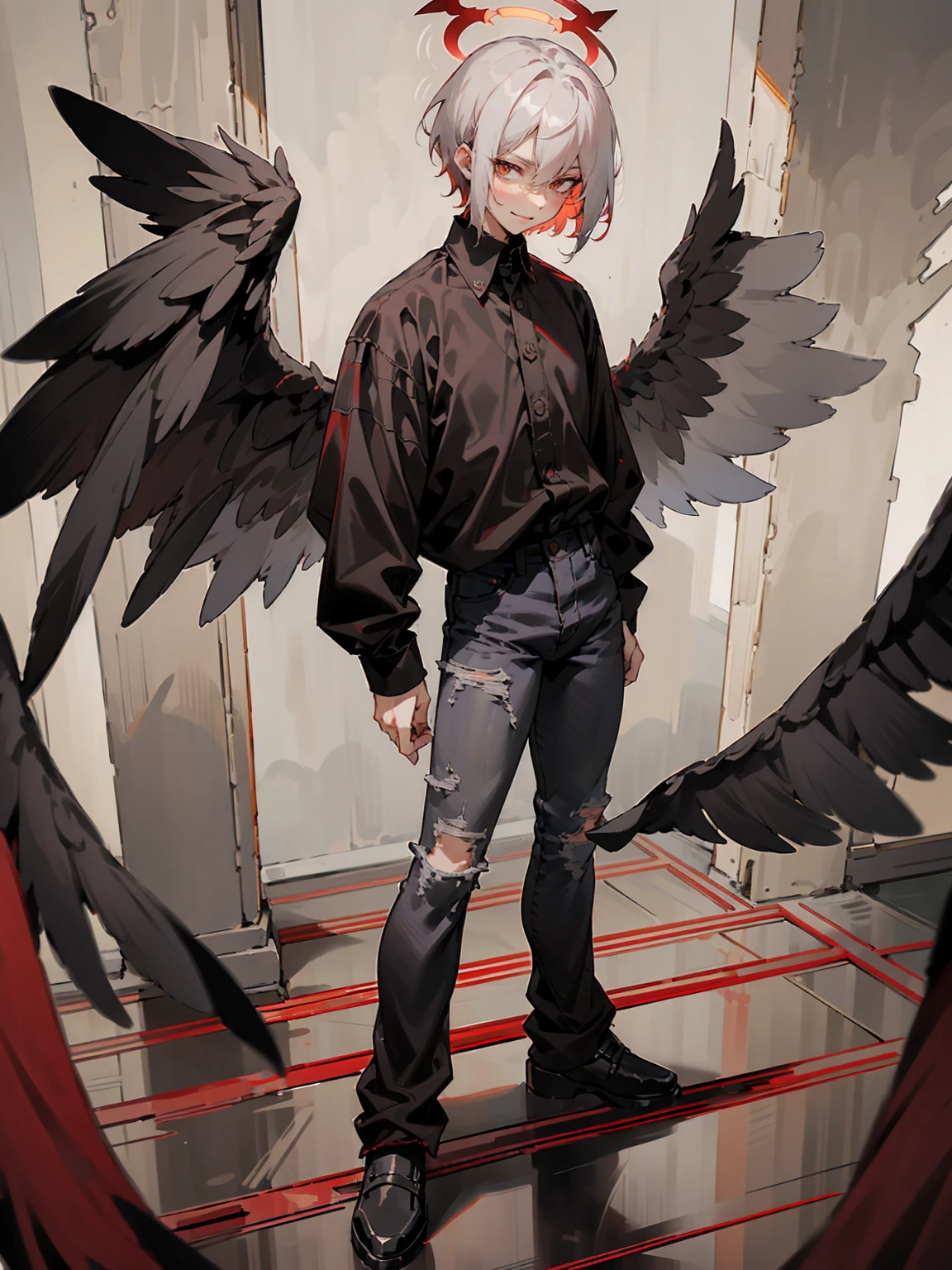 1male, Adult, Two Tone Hair, Crimson and White Hair, Short Hair, Undercut Hair, Red Angel Halo, Black Wings, Golden Eyes, Smirk, Black Flannel Shirt, Black Ripped Jeans, Standing On Path
