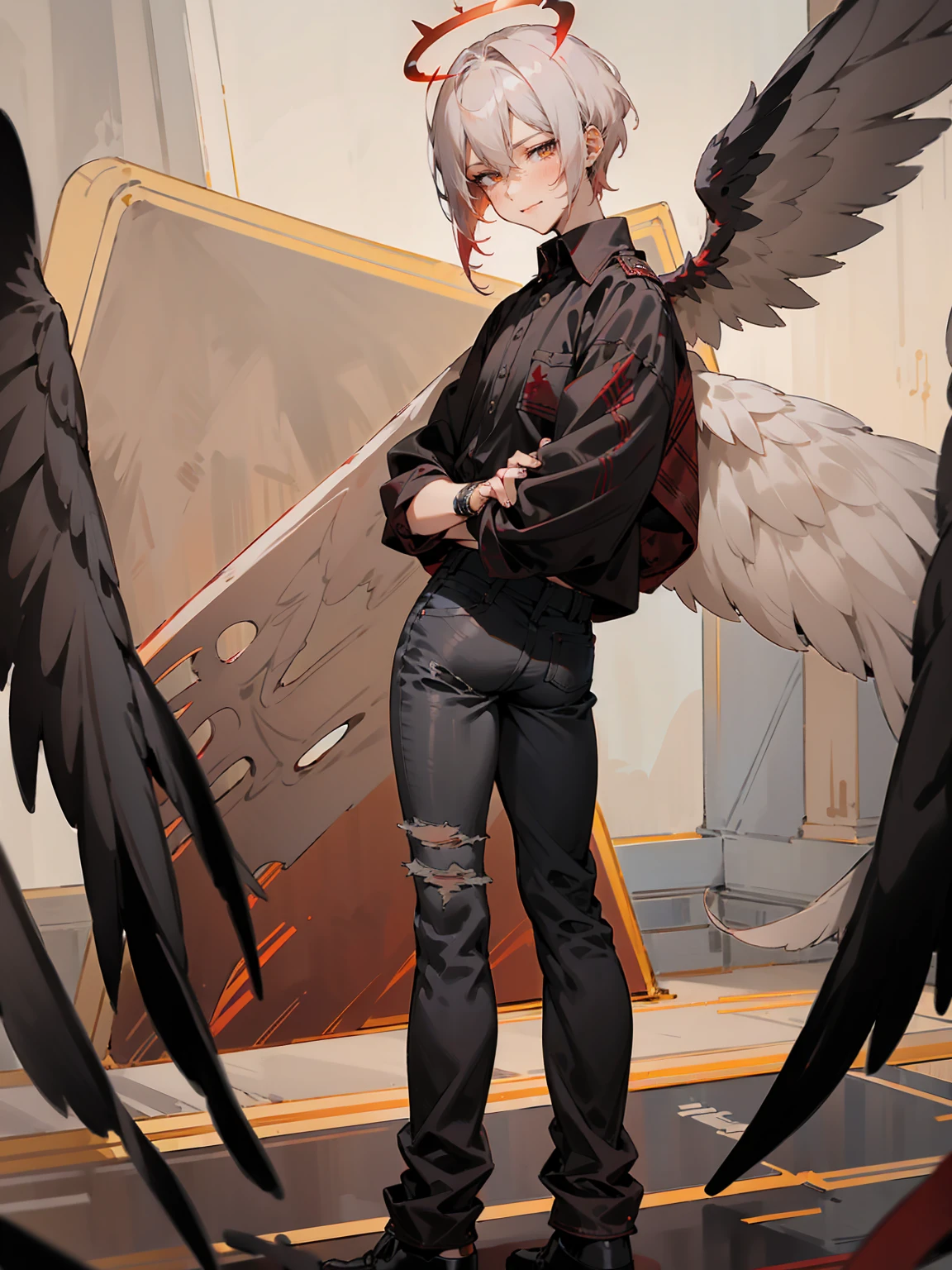 1male, Adult, Two Tone Hair, Crimson and White Hair, Short Hair, Undercut Hair, Red Angel Halo, Black Wings, Golden Eyes, Smirk, Black Flannel Shirt, Black Ripped Jeans, Standing On Path