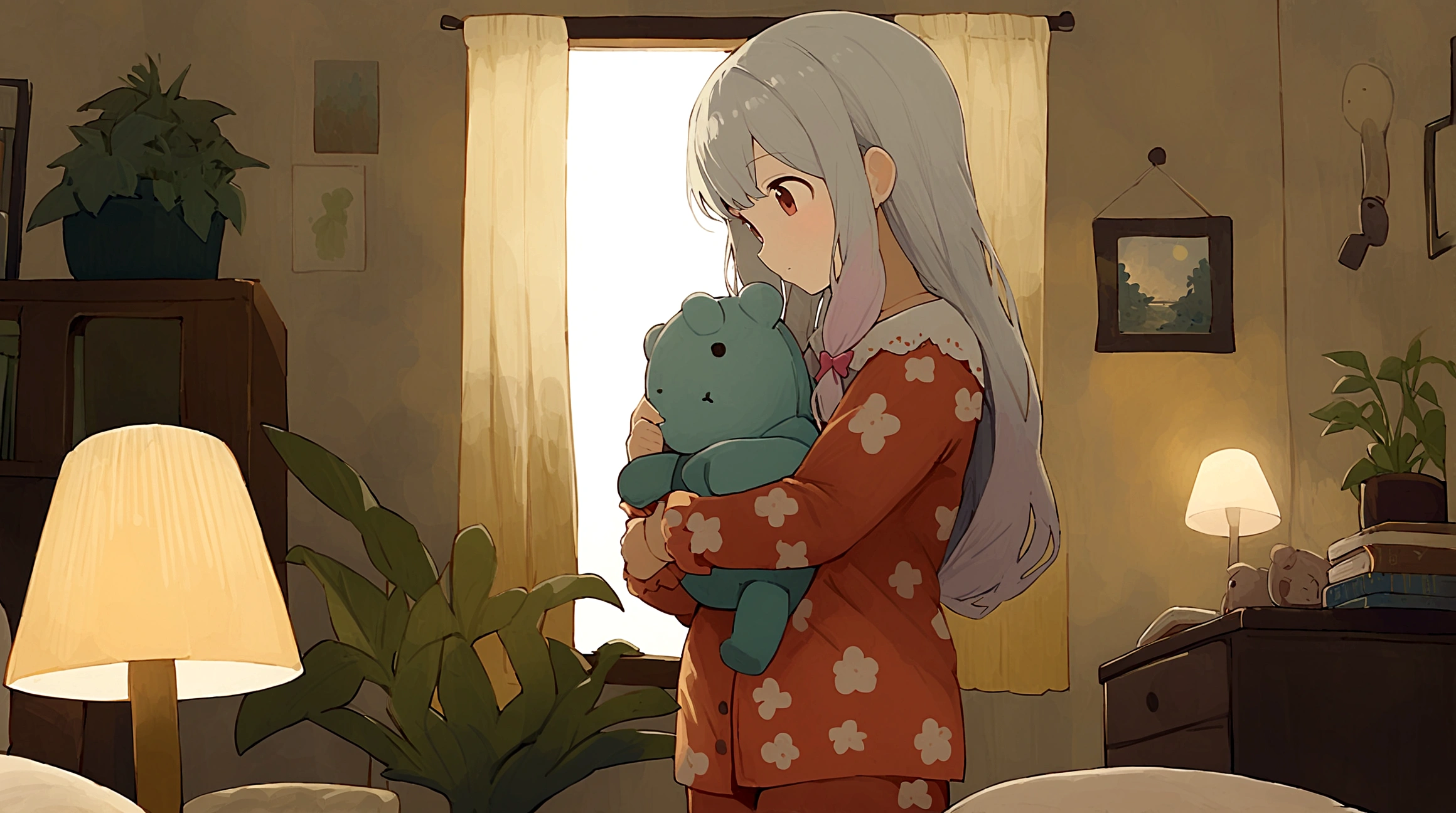 hiroki_(yyqw7151) style, 1girl, izumi sagiri, cute, standing, pajamas, cute art, holding teddy bear, room, cozy surroundings, lamp, plants, pillows, books, comfortable