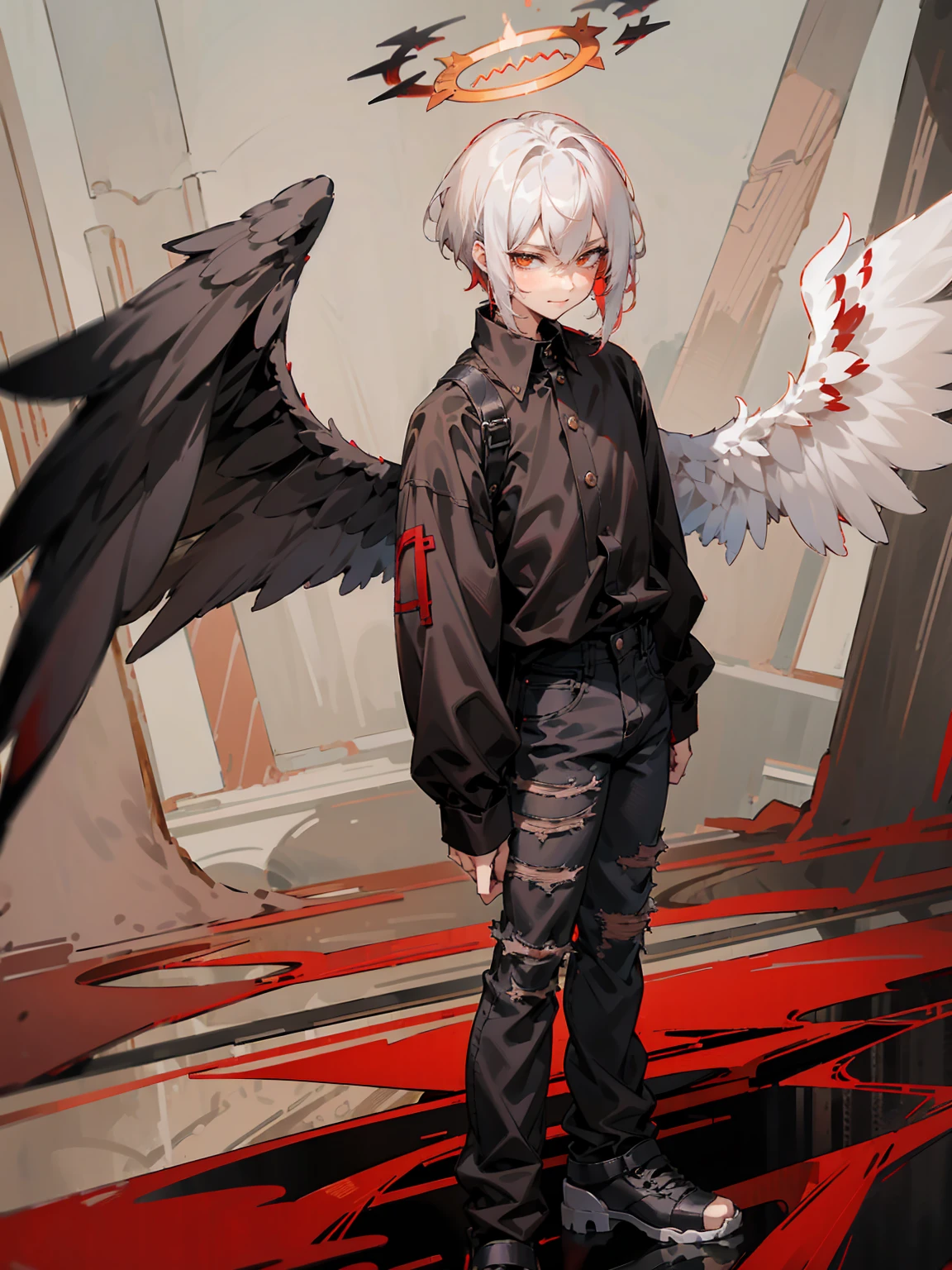 1male, Adult, Two Tone Hair, Crimson and White Hair, Short Hair, Undercut Hair, Red Angel Halo, Black Wings, Golden Eyes, Smirk, Black Flannel Shirt, Black Ripped Jeans, Standing On Path