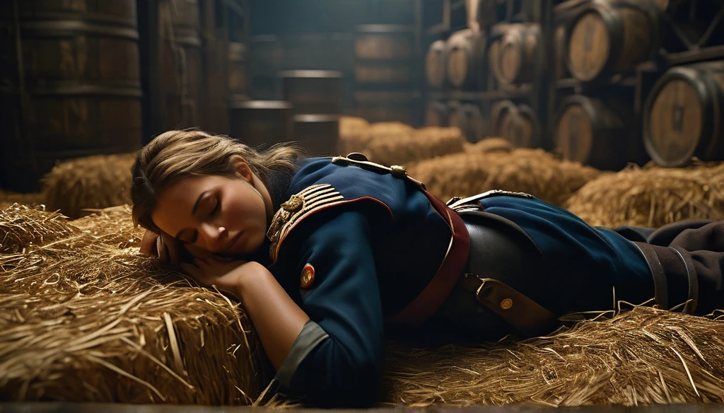 Overhead shot from above, solo, Napoleon's beautiful female soldier falls asleep on haystacks inside logistic room, surrounded by barrels and crates, and hayes, background dark, hyper realistic, ultra detailed hyper realistic, photorealistic, Studio Lighting, reflections, dynamic pose, Cinematic, Color Grading, Photography, Shot on 50mm lens, Ultra-Wide Angle, Depth of Field, hyper-detailed, beautifully color, 8k