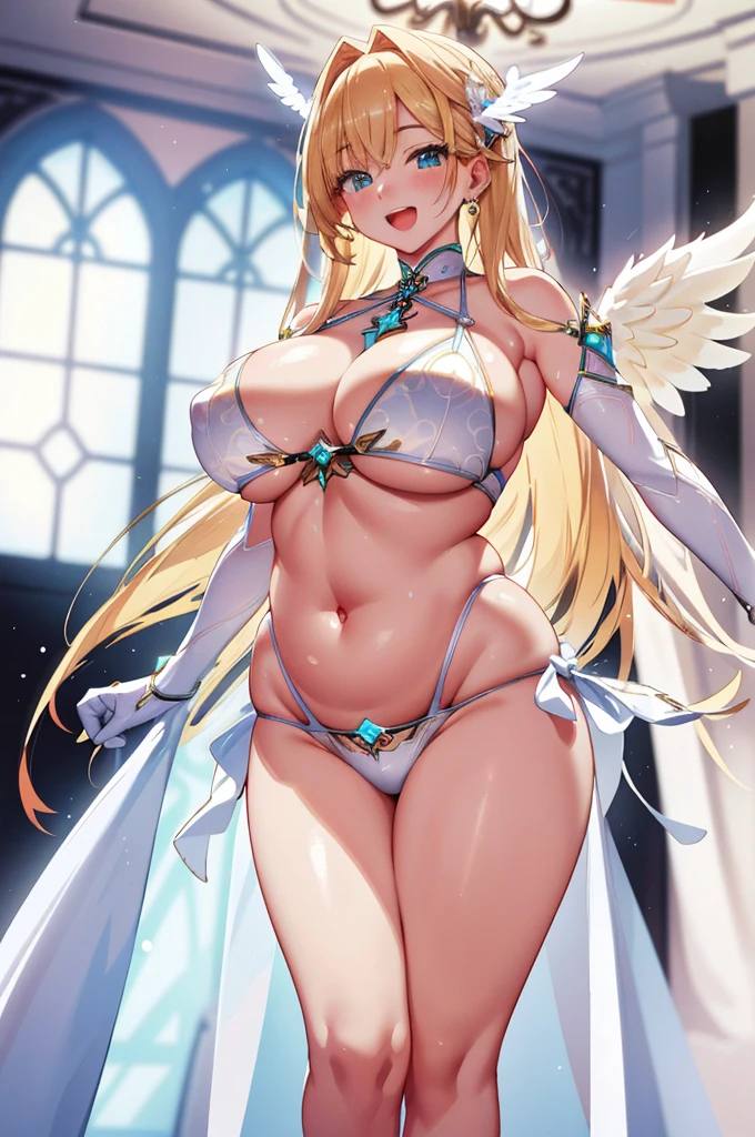 最high quality, high quality, 8K、High resolution,Highest quality、solo、Arafe woman wearing a white bikini, belly button、Plump、Overflowing motherhood、Thighs、Background of a room with a chandelier、Are standing、Open Mouth Smile、Blonde、high qualityな青い瞳、白いビキニを着ているsuper Wide Angel, Majestic angel all over the body, Anime Goddess, Wide Angel, Angela White, Epic pose,Beautiful and attractive anime woman wearing a white bikini, Huge and stunning goddess shots, Angel Knight Girl, Tall female angel, She has angel wings on her back, Highly detailed goddess shot