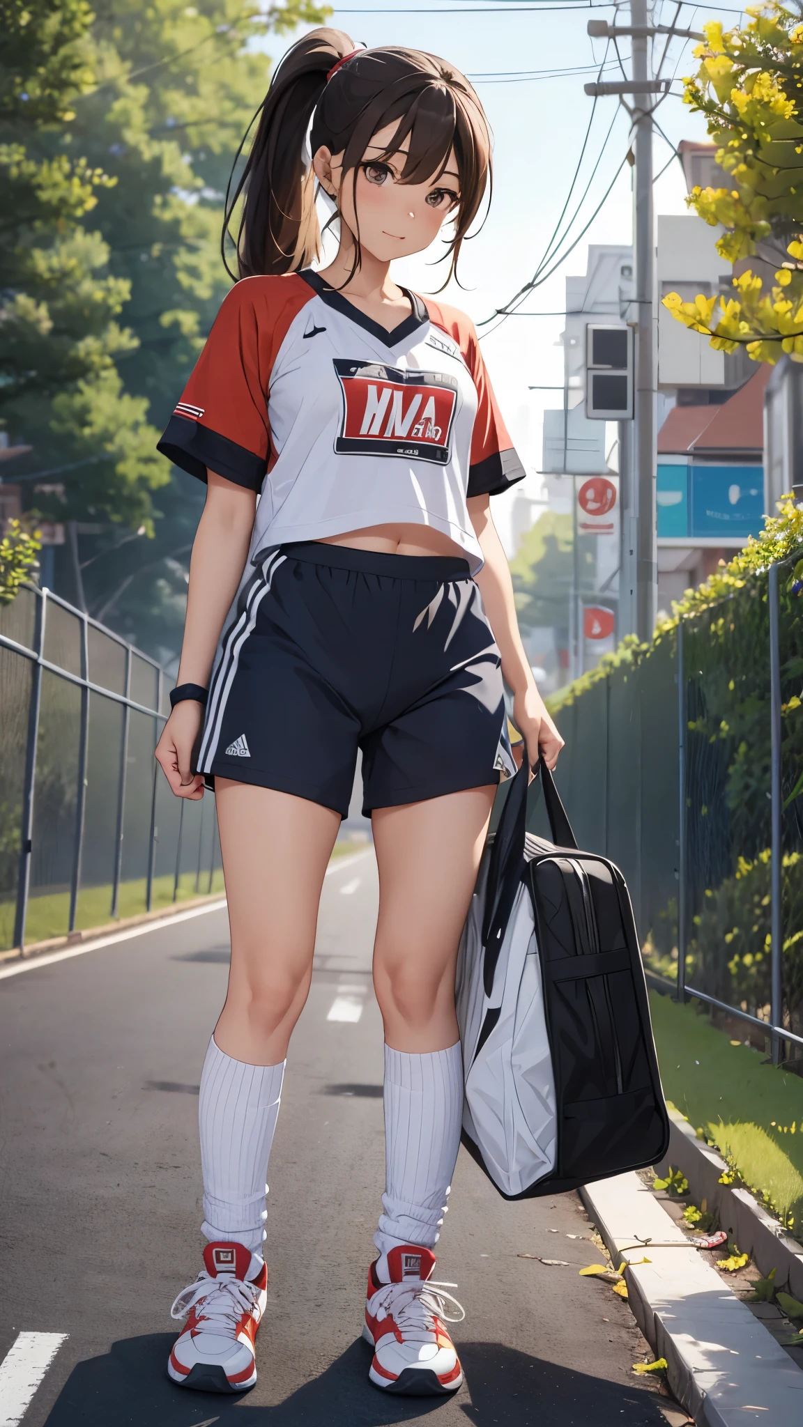 One 17 years old girl,ponytail hair,brown hair,((jersey,sports style)),rage,slender body,socks,sneakers.