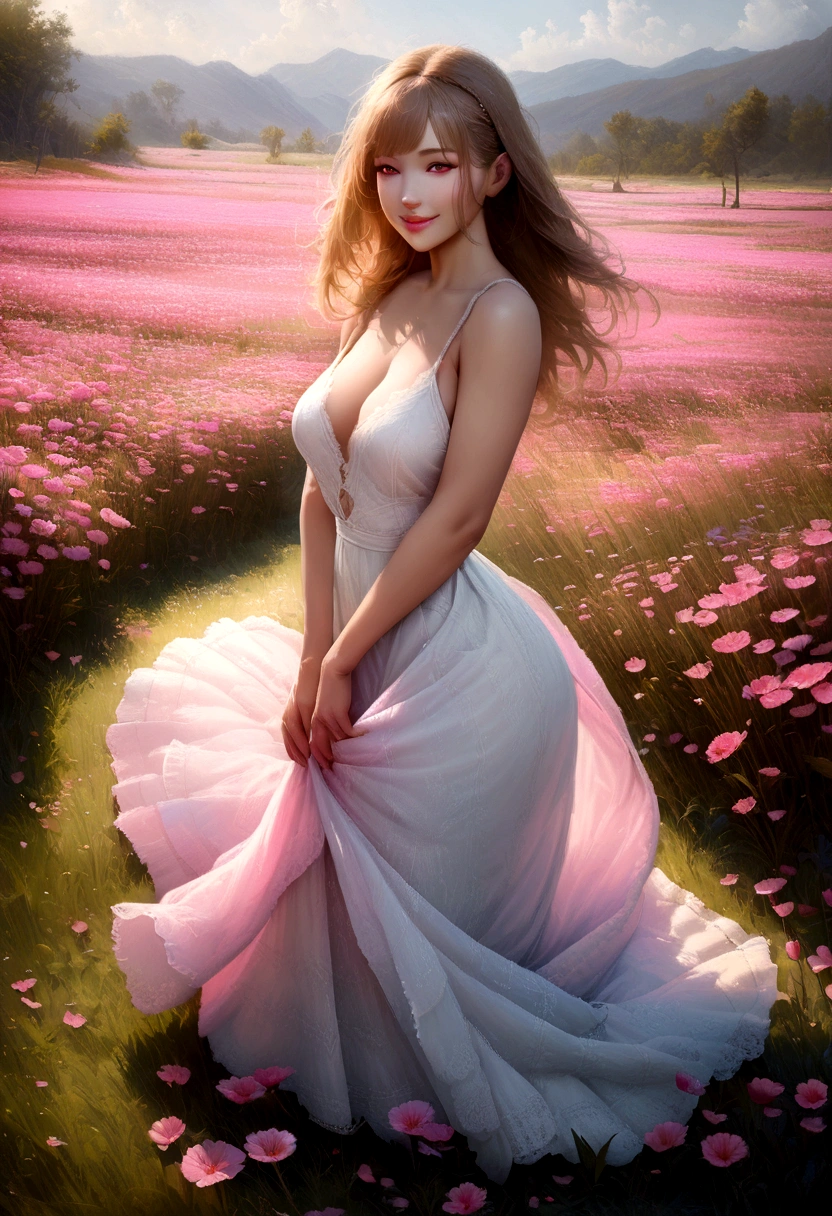 Highest quality, masterpiece, Ultra-high resolution (Realistic: 1.4), RAW Photos, 1 Girl, White Dress, Bare shoulders, A field full of pink flowers, Glowing Skin, smile