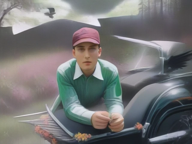 (best quality,4k,8k,highres,masterpiece:1.2),ultra-detailed,(realistic,photorealistic,photo-realistic:1.37),lush green forest,blooming flowers,rolling hills in the background,flock of crows flying overhead,vintage car parked in the foreground,warm natural lighting,vibrant colors,intricate details,cinematic composition