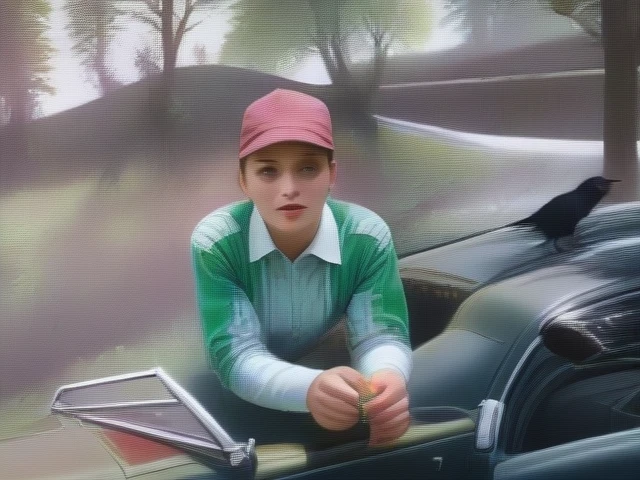 (best quality,4k,8k,highres,masterpiece:1.2),ultra-detailed,(realistic,photorealistic,photo-realistic:1.37),lush green forest,blooming flowers,rolling hills in the background,flock of crows flying overhead,vintage car parked in the foreground,warm natural lighting,vibrant colors,intricate details,cinematic composition