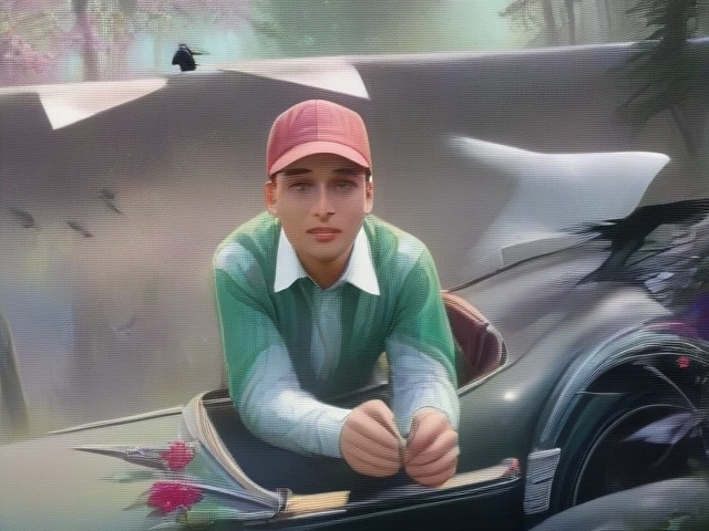 (best quality,4k,8k,highres,masterpiece:1.2),ultra-detailed,(realistic,photorealistic,photo-realistic:1.37),lush green forest,blooming flowers,rolling hills in the background,flock of crows flying overhead,vintage car parked in the foreground,warm natural lighting,vibrant colors,intricate details,cinematic composition