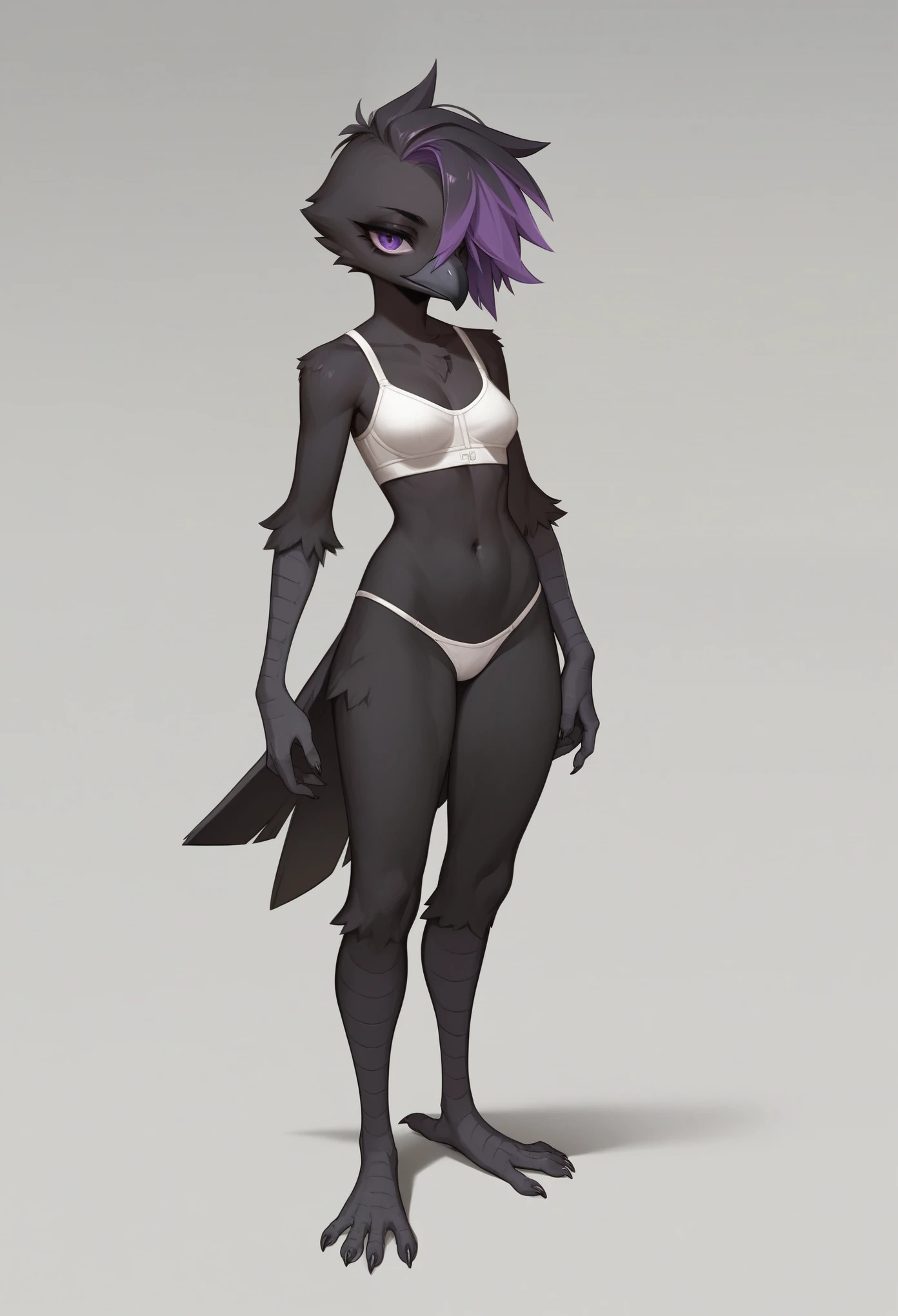 Score_9, score_8_up, score_7_up, flat colors, an Anthro avian crow girl, female, small grey beak, tall, small crow tail, black body, standing, white background, purple eyes, short black emo hair, purple highlights in hair, hands with five fingers, wearing white bra, white thong, full body shot, barefoot, bird leg texture, bird arm texture, 5 toes, toe claws