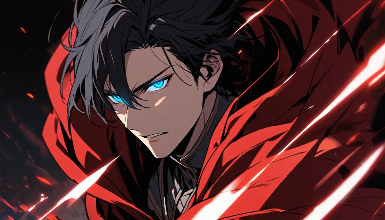 Male, solo, handsome, black hair, blue eyes, glowing eyes, red cloak