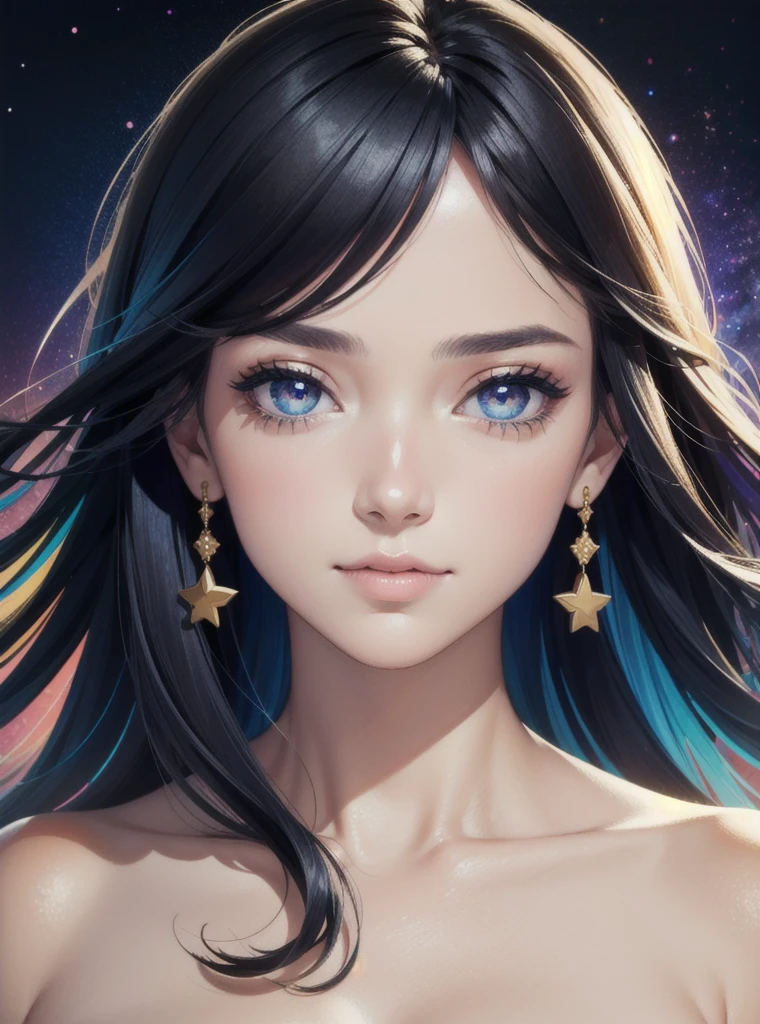(Portrait of a woman, with a colorful galaxy in the eyes, highly detailed, bokeh, taken at an angle, f/1.2, canon photography, highres, high quality, masterpiece)