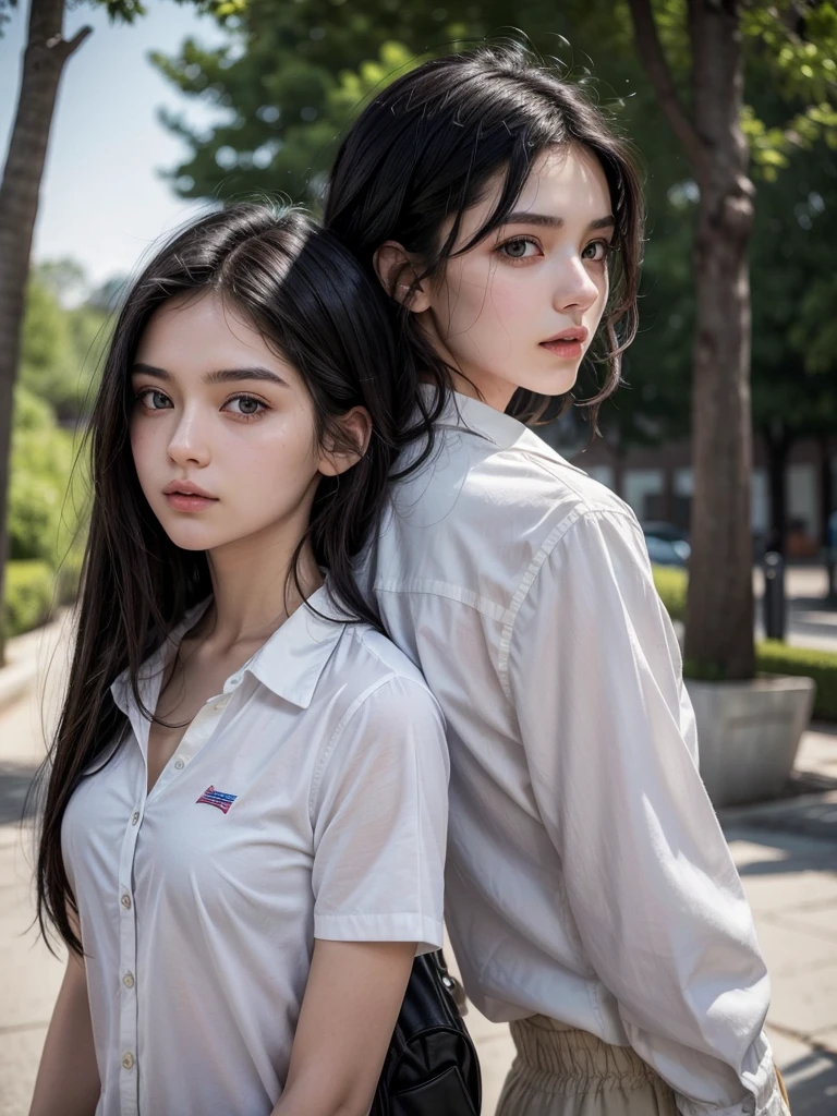 MAN with black hair and brown eyes, around 20 years old, very attractive, wearing a white shirt with buttons, no tattoos, with a beautiful profile with green eyes and a winged woman, both of whom appear to be of American nationality, with their backs to a woman with black hair and brown eyes. dark and she has a gun behind her and she sees him with kind eyes, her hair flies and when the two of them don't look at each other, you can only see the middle of the body above, the two of them have their backs to each other and she has a red dress. two are approximately 20 years old and I repeat she has a gun behind her the two have their backs to each other they are two people, a non-Korean man and a woman with AMERICAN nationalities.