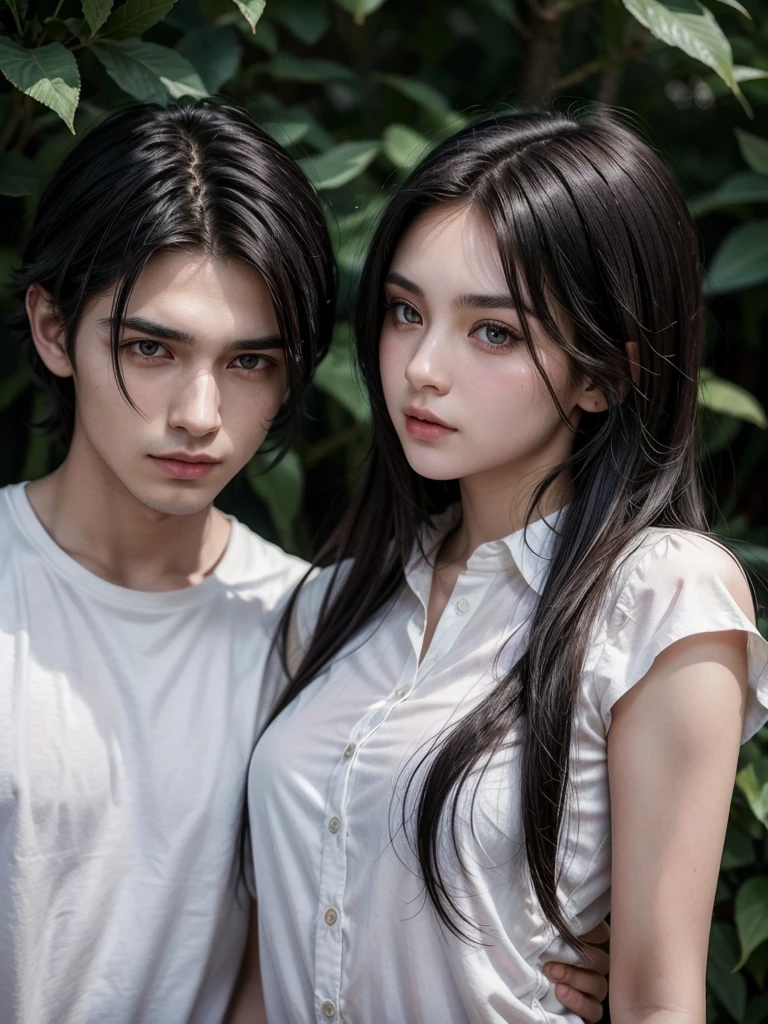 MAN with black hair and brown eyes, around 20 years old, very attractive, wearing a white shirt with buttons, no tattoos, with a beautiful profile with green eyes and a winged woman, both of whom appear to be of American nationality, with their backs to a woman with black hair and brown eyes. dark and she has a gun behind her and she sees him with kind eyes, her hair flies and when the two of them don&#39;t look at each other, you can only see the middle of the body above, the two of them have their backs to each other and she has a red dress. two are approximately 20 years old and I repeat she has a gun behind her the two have their backs to each other they are two people, a non-Korean man and a woman with AMERICAN nationalities. 