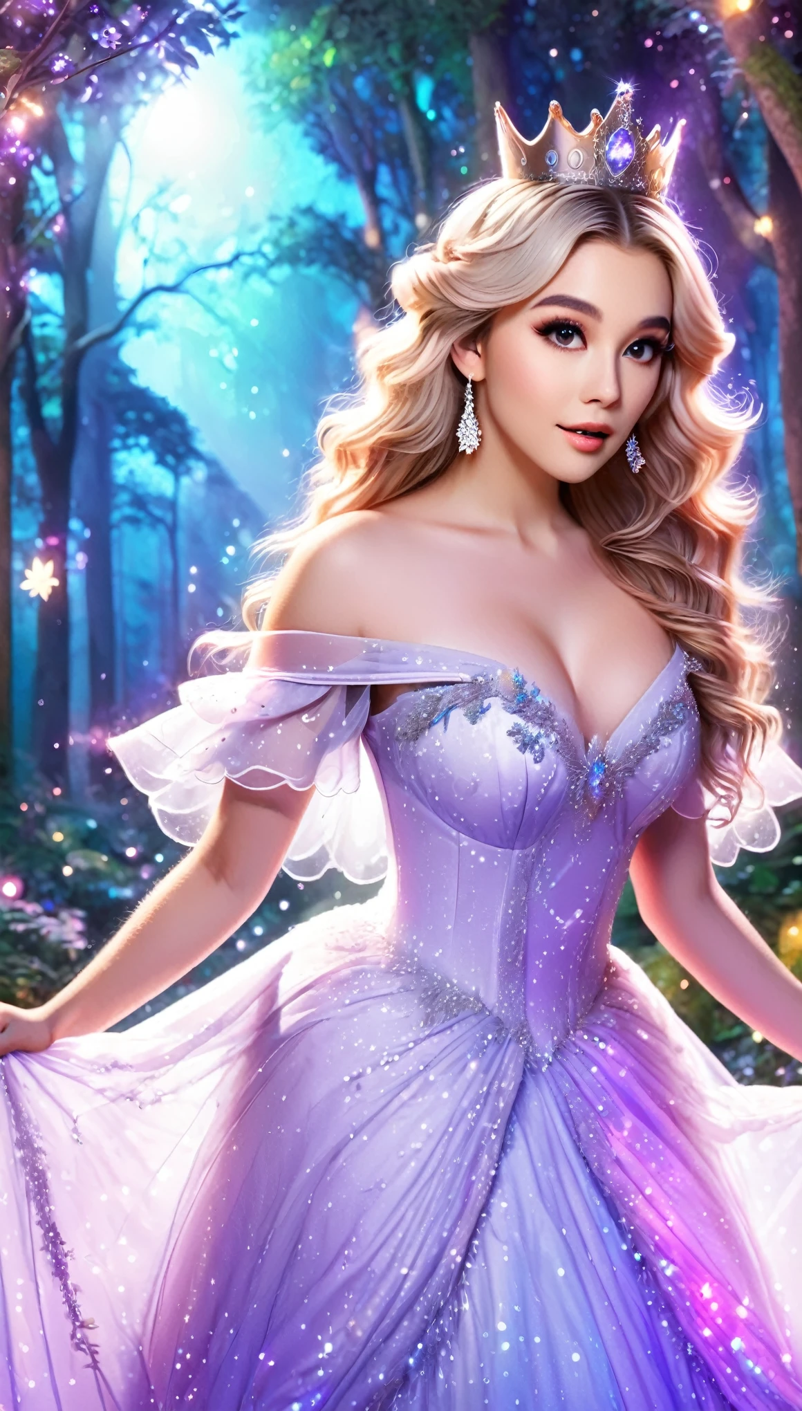 A whimsical image of a woman in a fairy tale-inspired gown. The gown transitions from pastel pink to lavender, adorned with delicate floral patterns and sparkles. Her hair is styled in soft curls, and she wears a tiara. The background features a magical forest with twinkling lights and enchanted creatures, creating a dreamy, fantastical atmosphere.