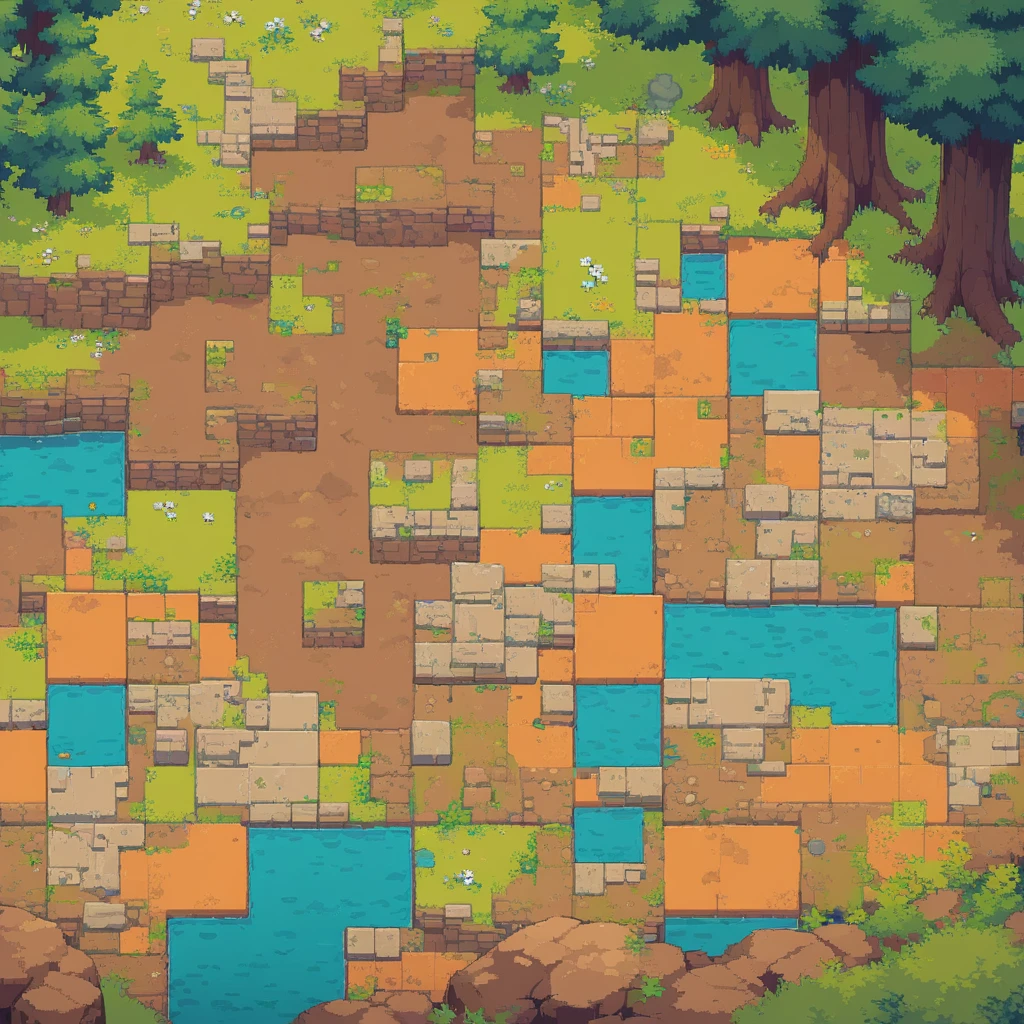 retro video game style,pixelated pastel colors,8-bit characters,blocky shapes,sharp lines,detailed shading,classic gaming vibe,nostalgic atmosphere,classic arcade games,masterpiece:1.2,ultra-detailed,illustration style, 2d texture, clay texture, stone texture, 4 k seamless mud texture, video game texture, dirt texture, tileset, game tiles, clay material, flat texture, grass, trees, rock texture, rocky ground, forest, topdown view, game texture, game art, ground very detailed, dirt, floor texture, tileable texture, flowers, bushes, shrubs, intricate ground stone, top down view, 3/4th perspective