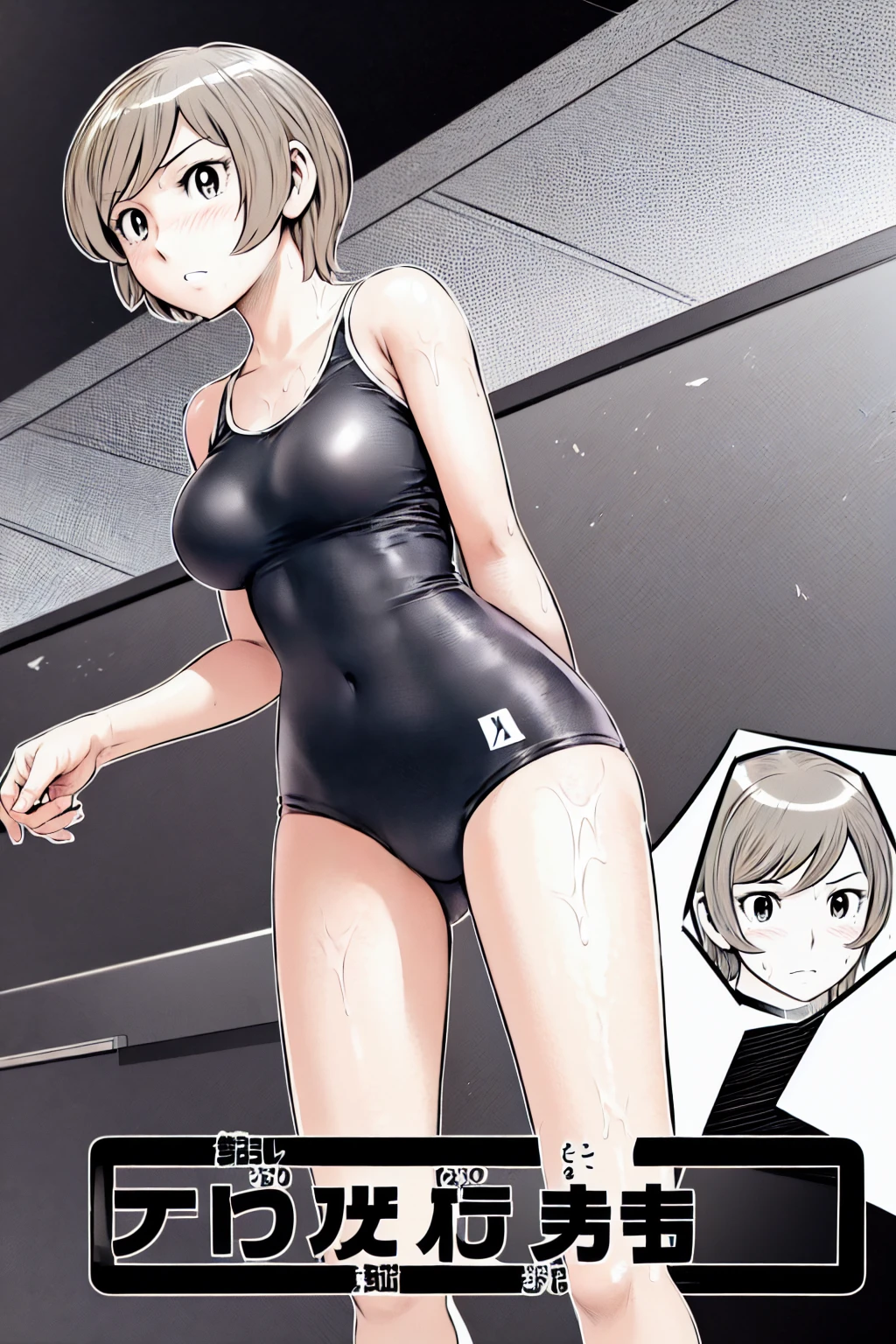 Blonde, (short hair:1.2)、((Illustration of a person))、Big Breasts、
View your viewers,, (Highest quality:1.3),blue eye star piece、Highest quality)、Highest quality, Ultra-high resolution, (((masterpiece))), alone, Sweat、Big eyes、Big Breasts、One Girl, Front view、Embarrassed face、Bronze colored hair、((short hair))、One Girl, alone, blush, Big Breasts,
Bare arms, Wet, Pool, 青いSchool Swimsuit, Thighs, Place your arms at your sides, Bare arms, Cowboy Shot, Are standing, School Swimsuit,bite、High Leg、mansuji、Boobs exposed、Nipples、Shoulder straps fall、One side off-shoulder、Breast Exposure、Happenings