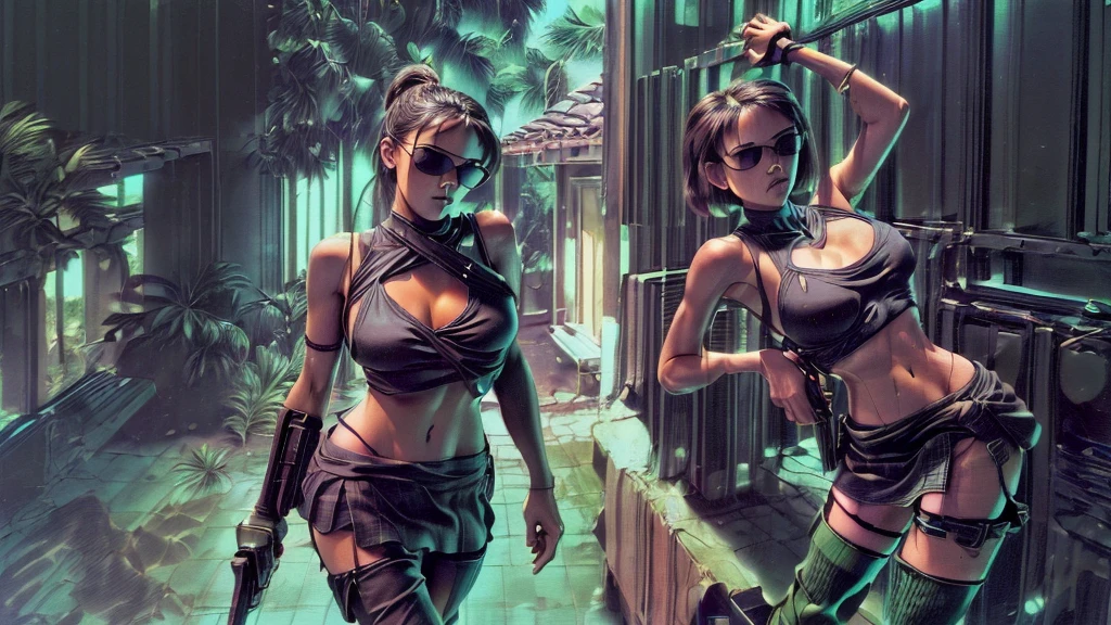 retrowavetech, virtual, House, (master part), no deserto, organic architecture, Floresta, Windows. sexy 1woman, solo, large breast cleavage, tank top, (((miniskirt, black sunglasses, pistol shooting pose, standing, leaning forward))), (((((half-body thigh level medium shot)))))
