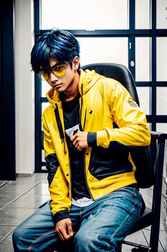 A ANIME BOY WEARING YELLOW COLOUR JACKET AND WEARING HOODIE WEARING BLACK COLOUR GLASSES SITTING IN THE CHAIR BLUE COLOUR HAIR WITH COOL HAIRSTYLE 