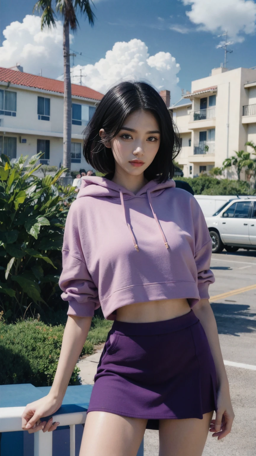 portrait of a 23 yo girl, plum body ,wear ((orange color oversized hoodie)), wear ((purple tennis skirt)),looking front,Best Quality,Masterpiece,Ultra High Resolution,(Realisticity:1.4),Original Photo, 1Girl, light leak,ultra high resolution,UHD,beautiful, (black bob hair), almond eye, no makeup, in front of (80's mondrian architecture motel), (realistic:1.2), (surreal:1.3), (very detailed:1.1), ((masterpiece)),summer, blue sky, palm trees,sunny, los angles vibes,film camera, 800mm lens,style of Philip Lorca diCorcia