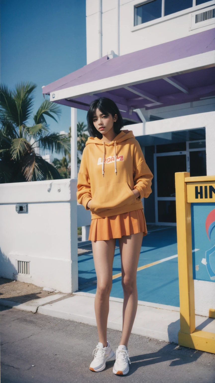 portrait of a 23 yo girl, plum body ,wear ((orange color oversized hoodie)), wear ((purple tennis skirt)),looking front,Best Quality,Masterpiece,Ultra High Resolution,(Realisticity:1.4),Original Photo, 1Girl, light leak,ultra high resolution,UHD,beautiful, (black bob hair), almond eye, no makeup, in front of (80's mondrian architecture motel), (realistic:1.2), (surreal:1.3), (very detailed:1.1), ((masterpiece)),summer, blue sky, palm trees,sunny, los angles vibes,film camera, 800mm lens,style of Philip Lorca diCorcia