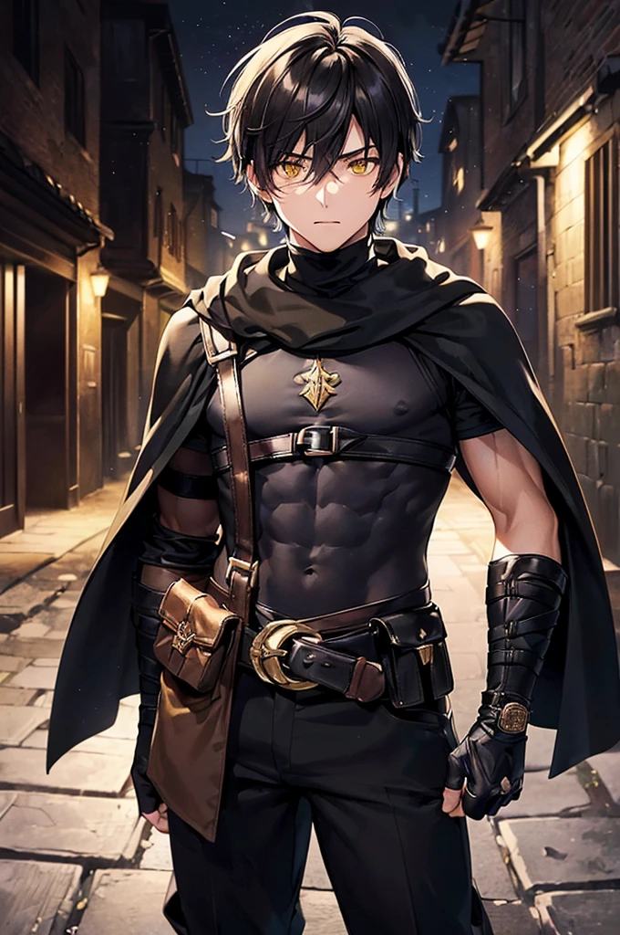 (masterpiece; best quality: 1.2), (finely detailed eyes: 1.3), ((25 year old man)), ((solo)), (yellow eyes: 1.4), (body; lithe, toned, masculine: 1.3), (very short black hair: 1.3), (beautiful and clear background: 1.2), ((depth of field)), (clothes: black assassin attire + black turtleneck + black pants + black fingerless gloves + black long cloak + belts + traveler pouches and satchel: 1.3), (anime illustration: 1.2), (background; medieval slums alleyway + night: 1.1), (extremely fine and handsome: 1.1), (shot composition; standing + centered on torso + close-up: 1.5), (expression; calm, stoic: 1.2)