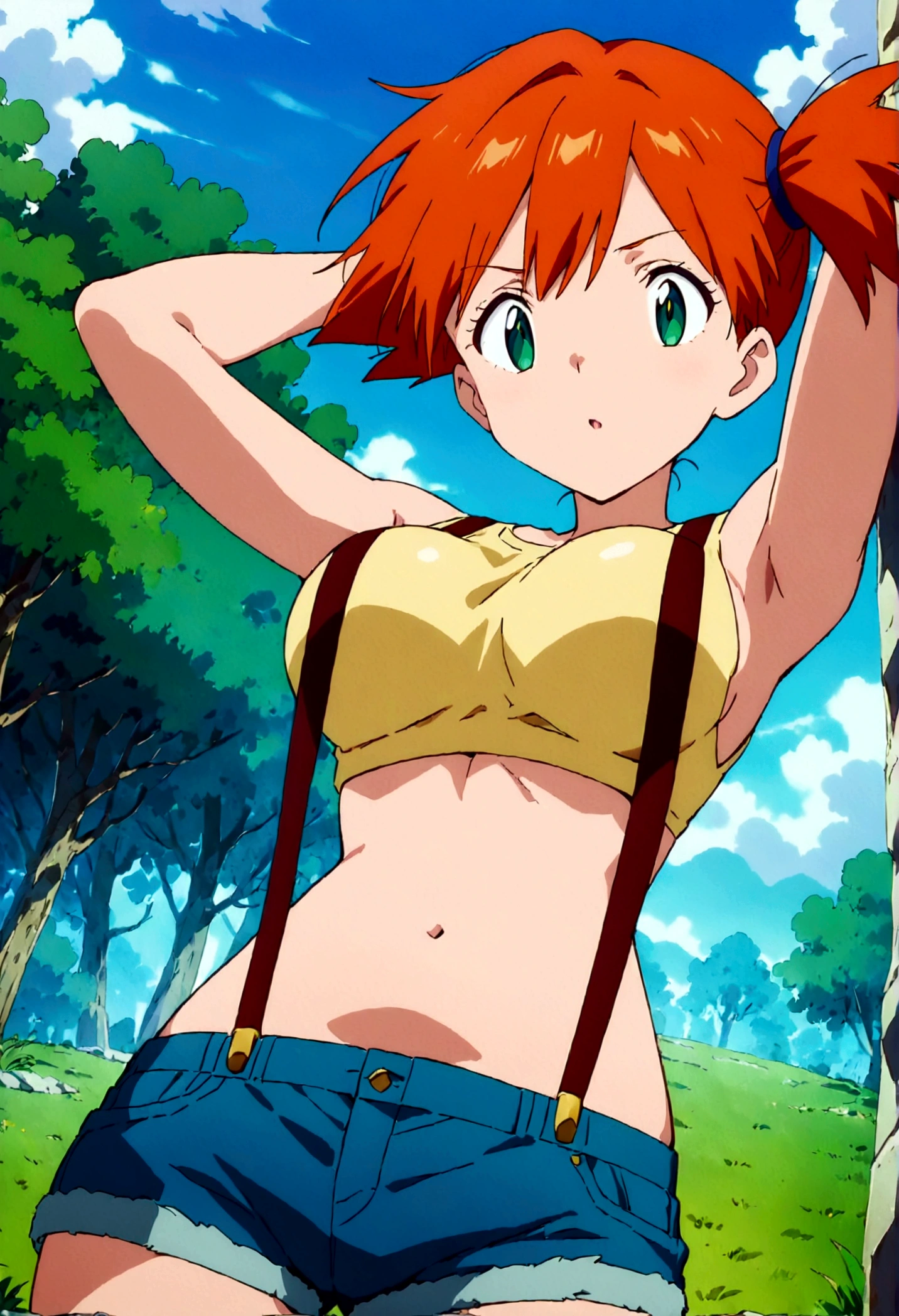 score_9,score_8_up, score_7_up,source_anime.superior, (Insect's Eye).,,,  (mature:1.2) ,1girl, Outdoor, Green Eyes, Orange Hair, , Yellow Shirt, Sleeveless shirt,belly button, Denim shorts, suspenders,  Captivating look,  (slender), delicate curves,under_boob,unity 8k wallpaper.extremely detailed CG, masterpiece,bestquality,(absurdres),contrapposto pose,,1990s_(style)
