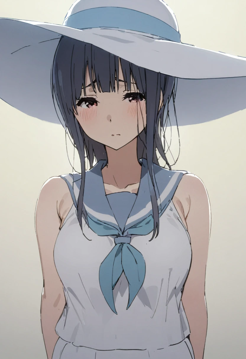 Masterpiece, best quality, 1girl, medium breasts, Yoroizuka Mizore, swimsuit, sun hat, shy, white background