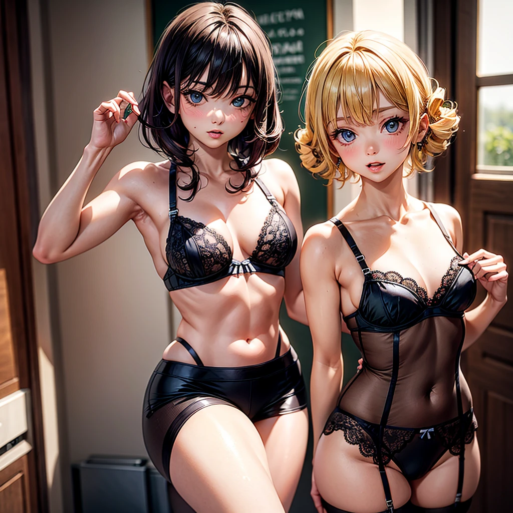 masterpiece, best quality, ultra-detailed, beautiful detailed eyes, jitome, (2girls:1.6)、((The woman on the right has short blonde hair、The woman on the left has black hair in a ponytail.)), (mid breast, , from below), Slender figure、Bewitching atmosphere、blush, pout, open wavy mouth, close up eyes,, standing straight, cleavege,