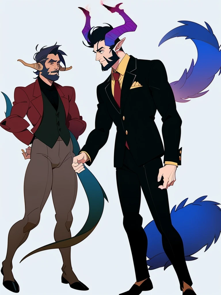 Human half dragon male, with a short beard and short dark blue hair, wearing a suit, with tail and horns