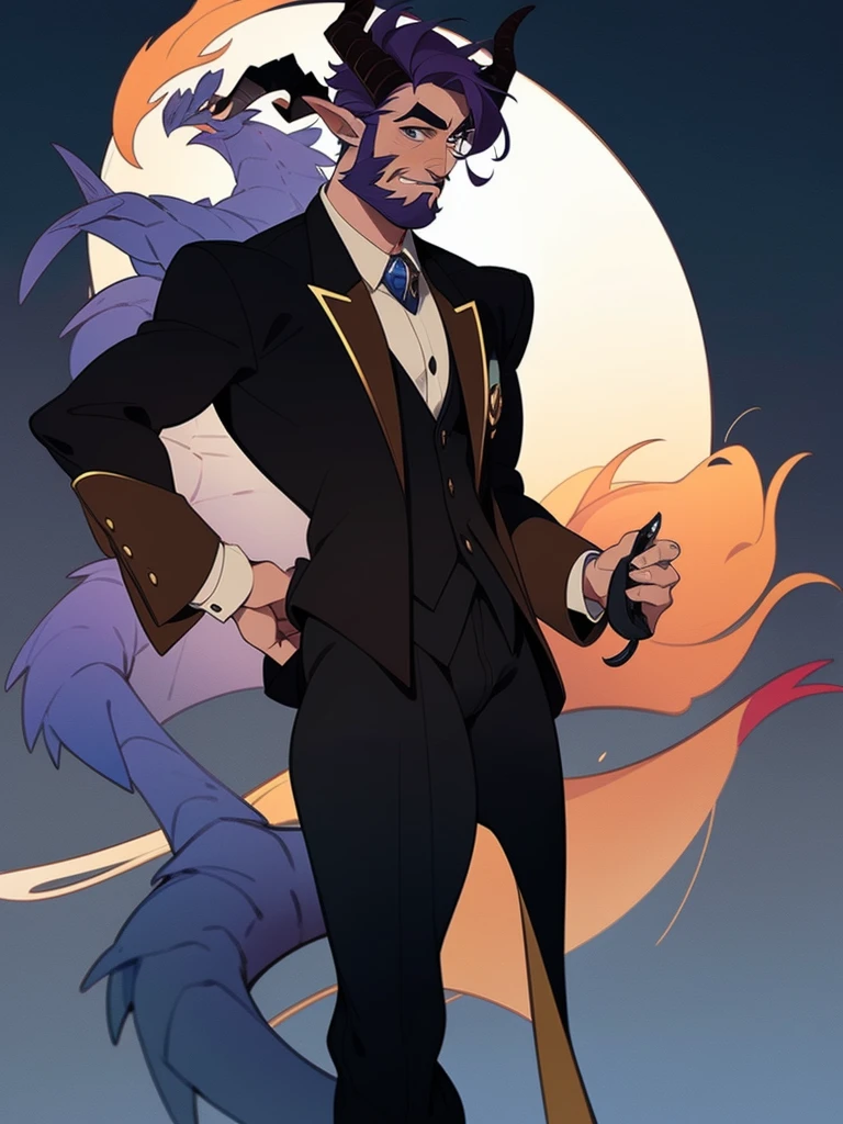 Human half dragon male, with a short beard and short dark blue hair, wearing a suit, with tail and horns