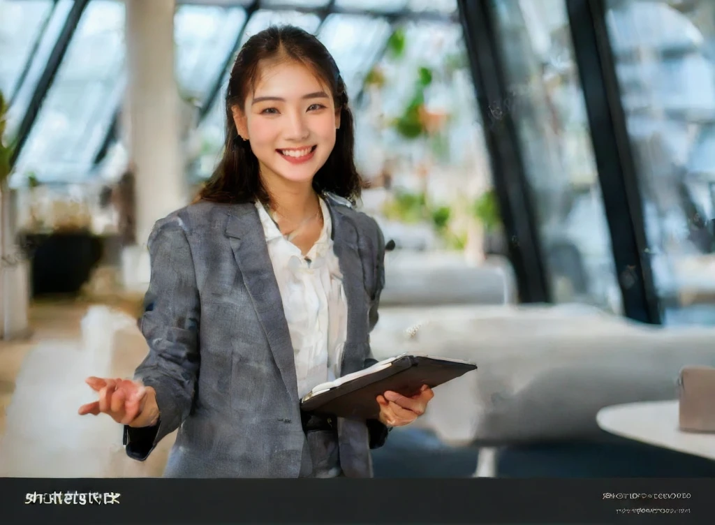 A young Vietnamese woman named Lyna, around 27 years old, is standing in a modern interior space. She is wearing a gray suit and a white shirt, smiling warmly and welcomingly. She is holding a notebook or a document in her left hand and her right hand is open as if explaining or inviting. The background is a bright area with large glass windows, green plants, and modern furniture, resembling an open office or a professional workspace