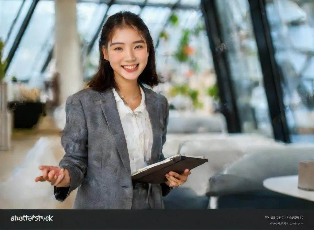 A young Vietnamese woman named Lyna, around 27 years old, is standing in a modern interior space. She is wearing a gray suit and a white shirt, smiling warmly and welcomingly. She is holding a notebook or a document in her left hand and her right hand is open as if explaining or inviting. The background is a bright area with large glass windows, green plants, and modern furniture, resembling an open office or a professional workspace