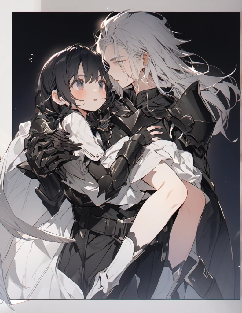 masterpiece　A man in black armor holding a girl with short white hair
