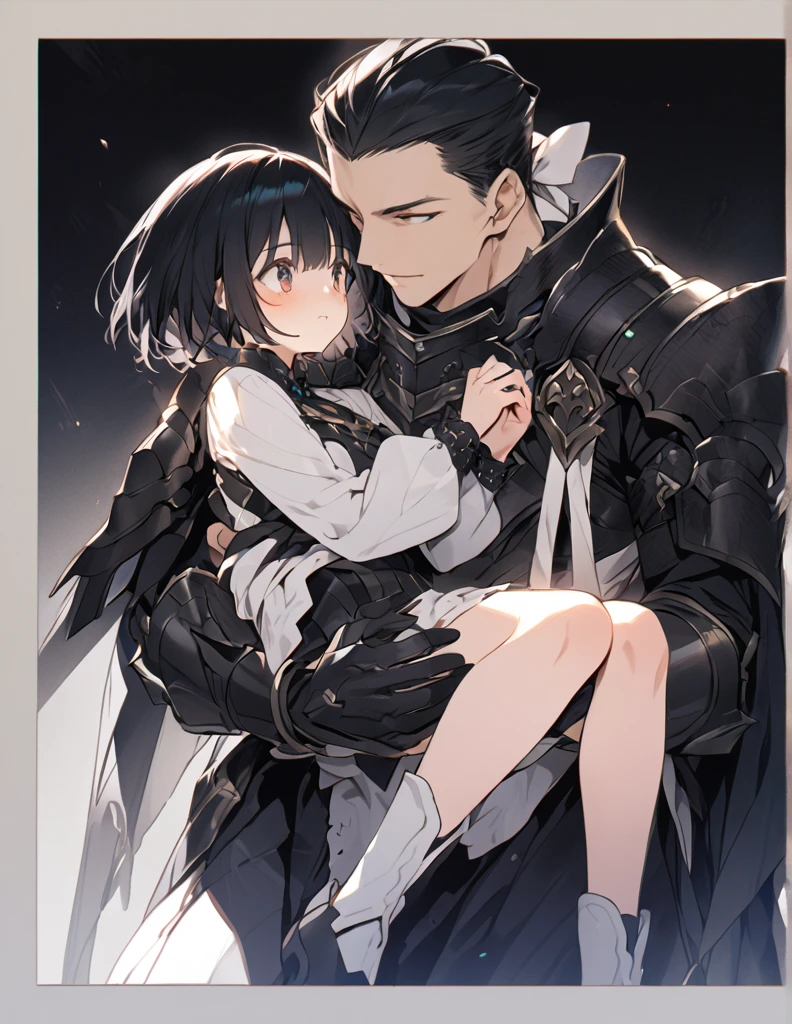 A man in black armor holding a girl with short white hair