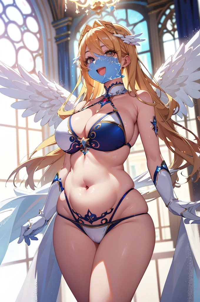 最high quality, high quality, 8K、High resolution,Highest quality、solo、Arafe woman wearing a white bikini, belly button、Plump、Overflowing motherhood、Thighs、Background of a room with a chandelier、Are standing、Open Mouth Smile、Blonde、high qualityな青い瞳、白いビキニを着ているsuper Wide Angel, Majestic angel all over the body, Anime Goddess, Wide Angel, Angela White, Epic pose,Beautiful and attractive anime woman wearing a white bikini, Huge and stunning goddess shots, Angel Knight Girl, Tall female angel, She has angel wings on her back, Highly detailed goddess shot