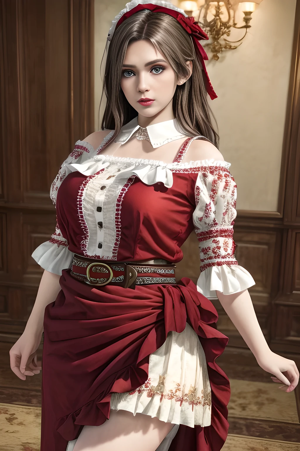 1girl,wearing a traditional-style outfit with a rich historical and folk-inspired aesthetic. Her white blouse features ruffled details and intricate embroidery, with red and white striped sleeves and ribbon embellishments on the upper arms. The red skirt is adorned with pleats and lace trims, and a brown belt with floral decorations and tassels wraps around her waist, adding a touch of authenticity to the look. The overall outfit exudes a sense of timeless charm and cultural heritage, ,beautiful detailed eyes, beautiful detailed lips, extremely detailed eyes and face, long eyelashes, (best quality,4k,8k,highres,masterpiece:1.2), ultra-detailed, (realistic,photorealistic,photo-realistic:1.37), sharp focus, vivid colors, HDR, studio lighting, physically-based rendering,elise