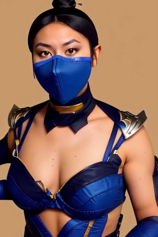 masterpiece, best quality, 1girl, kitana, mouth mask, black hair, hair bun, medium ass,small breast,yellow eyes, dark skin, shoulder armor, cleavage cutout, closeup, sketch, solo, simple background,kiss into camera,mouth mask,eyes close,hands on thigh