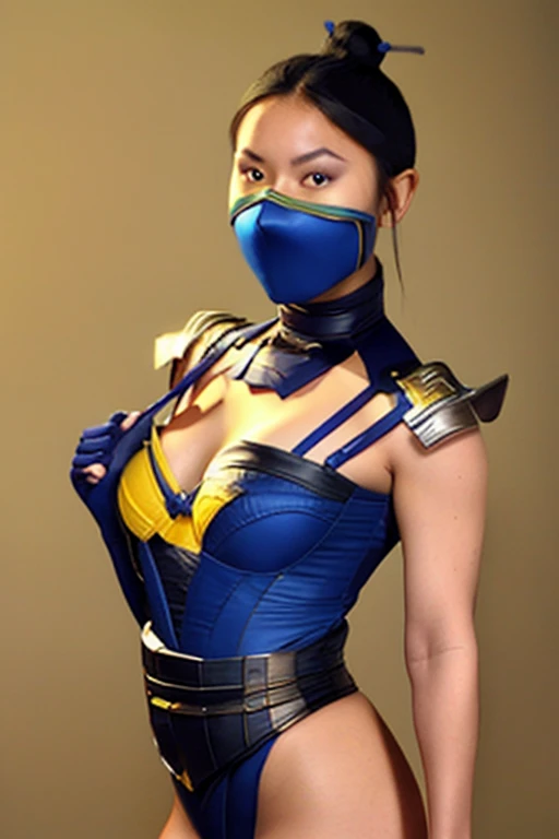 masterpiece, best quality, 1girl, kitana, mouth mask, black hair, hair bun, medium ass,small breast,yellow eyes, dark skin, shoulder armor, cleavage cutout, closeup, sketch, solo, simple background,kiss into camera,mouth mask,eyes close,hands on thigh