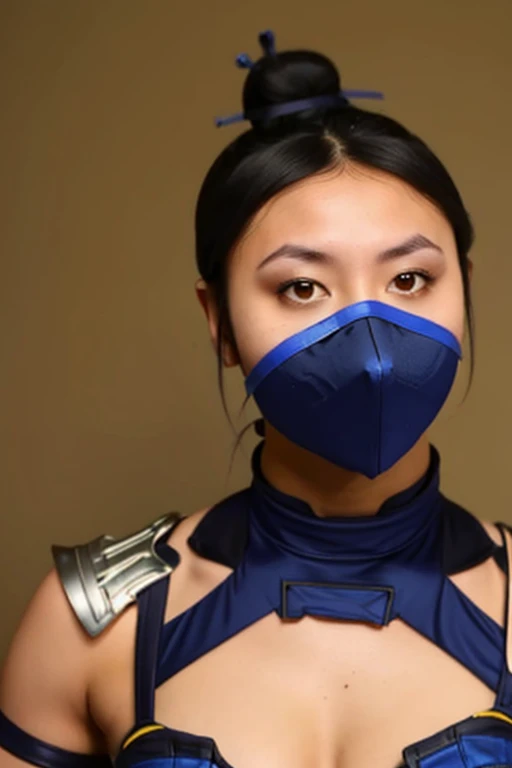 masterpiece, best quality, 1girl, kitana, mouth mask, black hair, hair bun, medium ass,small breast,yellow eyes, dark skin, shoulder armor, cleavage cutout, closeup, sketch, solo, simple background,kiss into camera,mouth mask,eyes close,hands on thigh