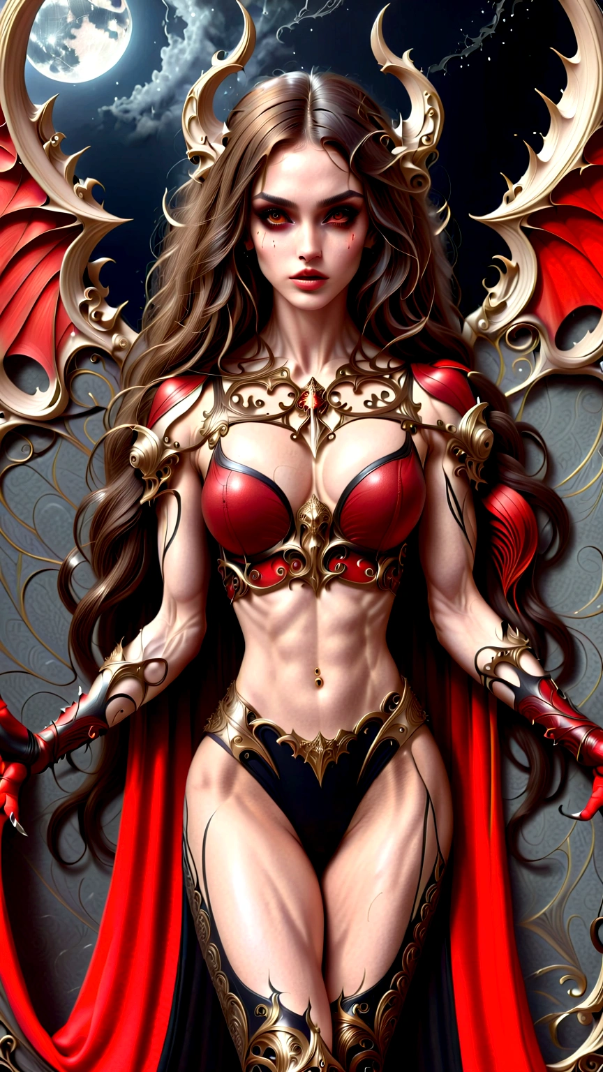 (megan fox:1.25), (muscular:1.5), (full body view:1.25), (red and black colors:1.46), (woman:1.1),(very muscular bodybuilder girl:1.25), (huge upper body:1.25), (narrow hips:1.0), long hair, (gothic intricate ornate vampiric armor:1.25), (gauntlets:1.0), (shoulder armor:1.1), ((tarot style frame:1.25)), (glowing red eyes:1.25), (huge muscular arms:1.5,), (10-pack abs:1.4), (lots of veins:1.25), (horror:1.0), (esoteric:1.1), (solo:1.4), (dynamic angle:1.0), (cowboy shot:1.0), thin legs, Realistic, Very detailed face and eyes, (masterpiece:1.1), (best quality:1.1), (ornate:1.1), (beautiful girl face:1.25)